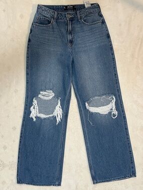 Hollister Blue High-Rise Distressed Straight Jeans